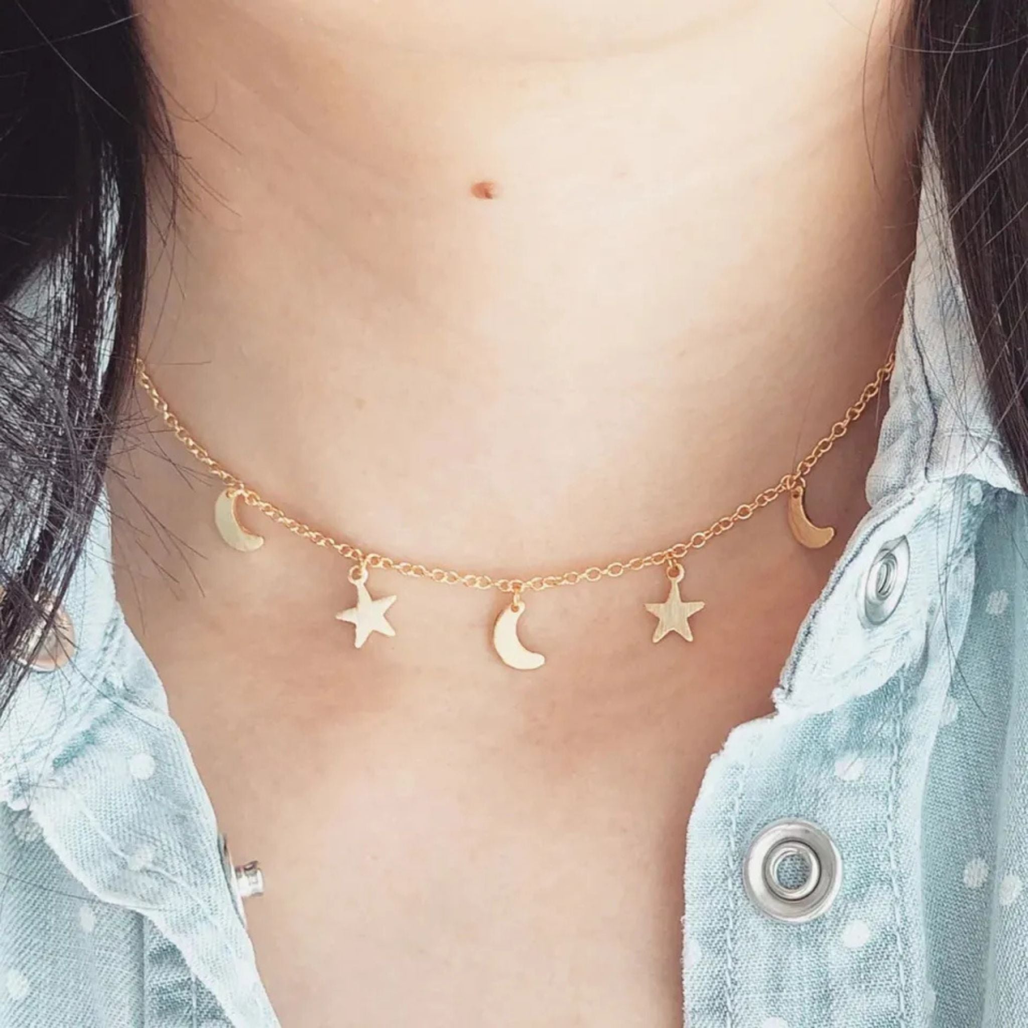 Star & Moon Choker Necklace for Girls – Shining Collar Chain, Statement Choker, Korean Style Jewelry