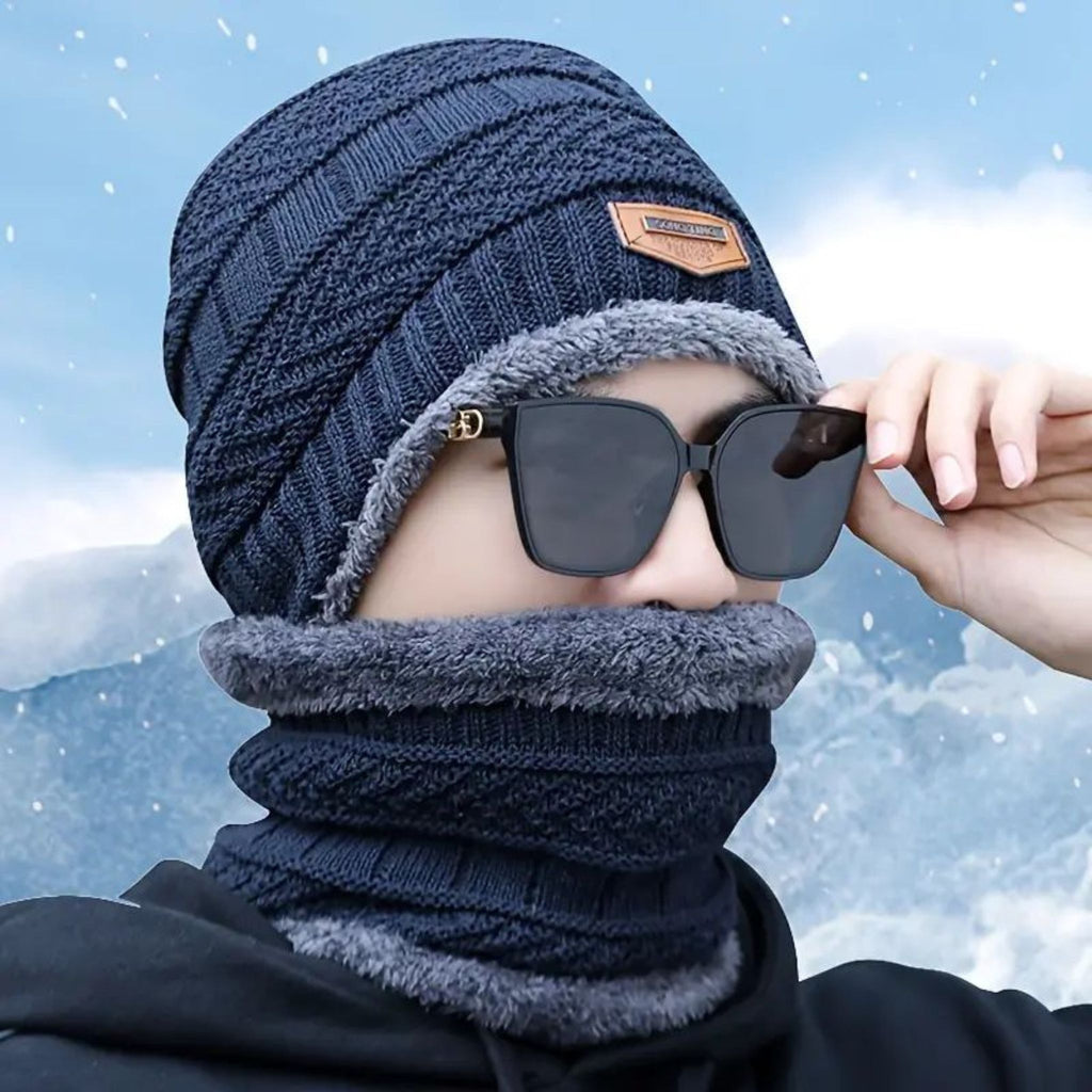 Winter Wool Beanie Cap with Neck Warmer – Knitted Fleece-Lined Hat & Scarf Set for Girls, Boys & Women