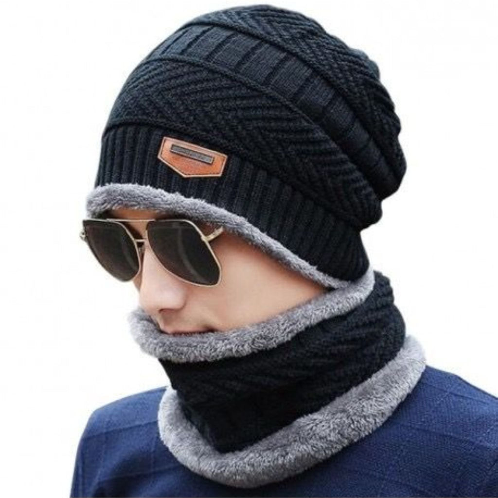 Winter Wool Beanie Cap with Neck Warmer – Knitted Fleece-Lined Hat & Scarf Set for Girls, Boys & Women